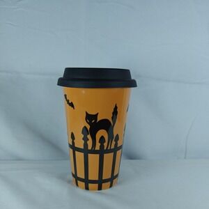 LONGABERGER POTTERY HALLOWEEN ORANGE BLACK‎ TRAVEL CUP / COFFEE MUG
